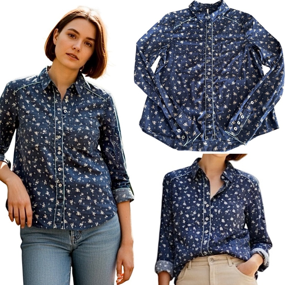Free People Button Down Shirt Ditzy Floral Navy Fitted Women’s Size Small Cotton